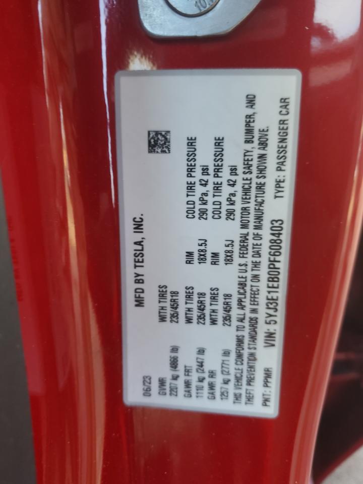 2023 TESLA MODEL 3  VIN:5YJ3E1EB0PF608403