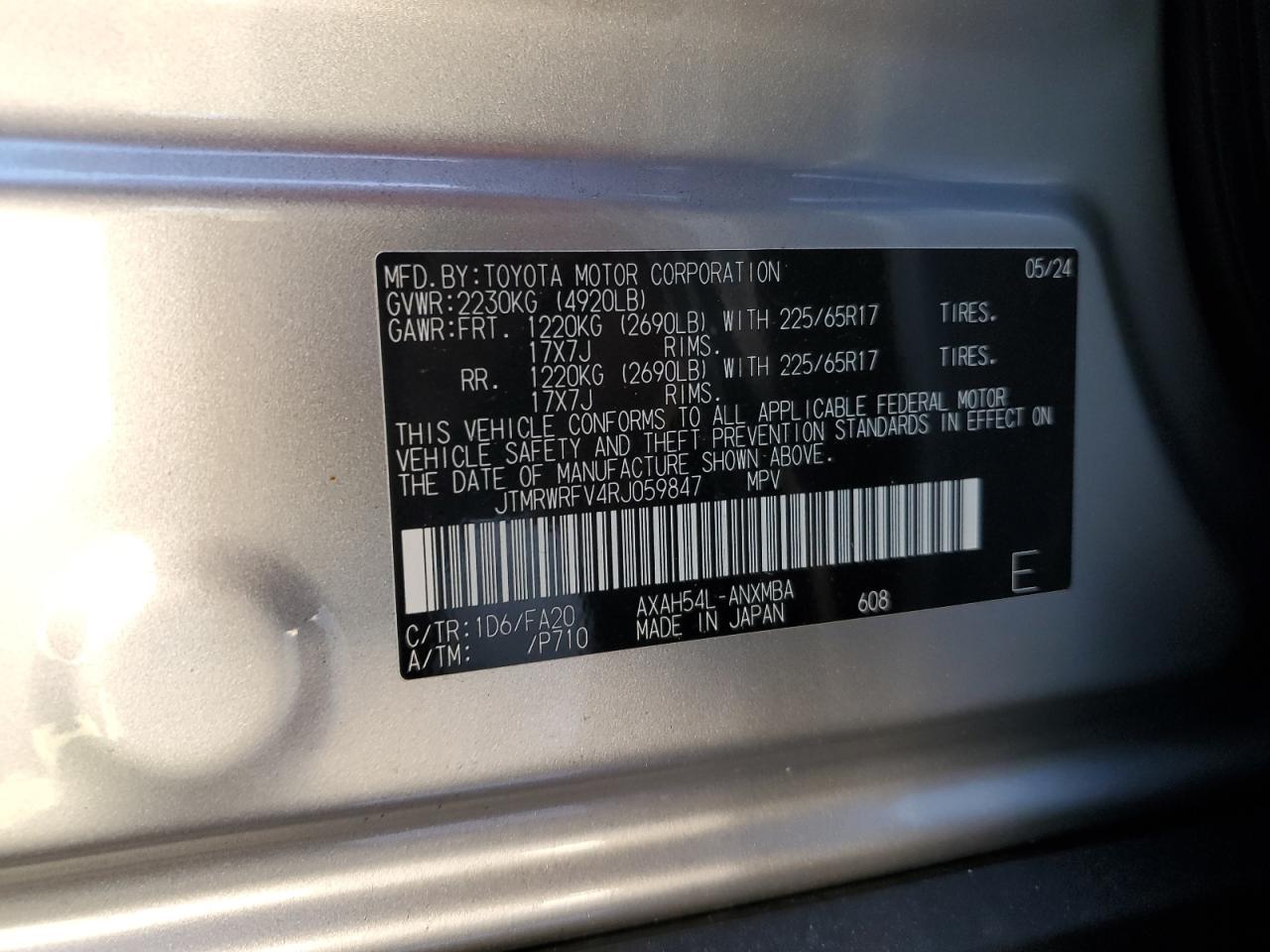 2024 TOYOTA RAV4 XLE VIN:JTMRWRFV4RJ059847