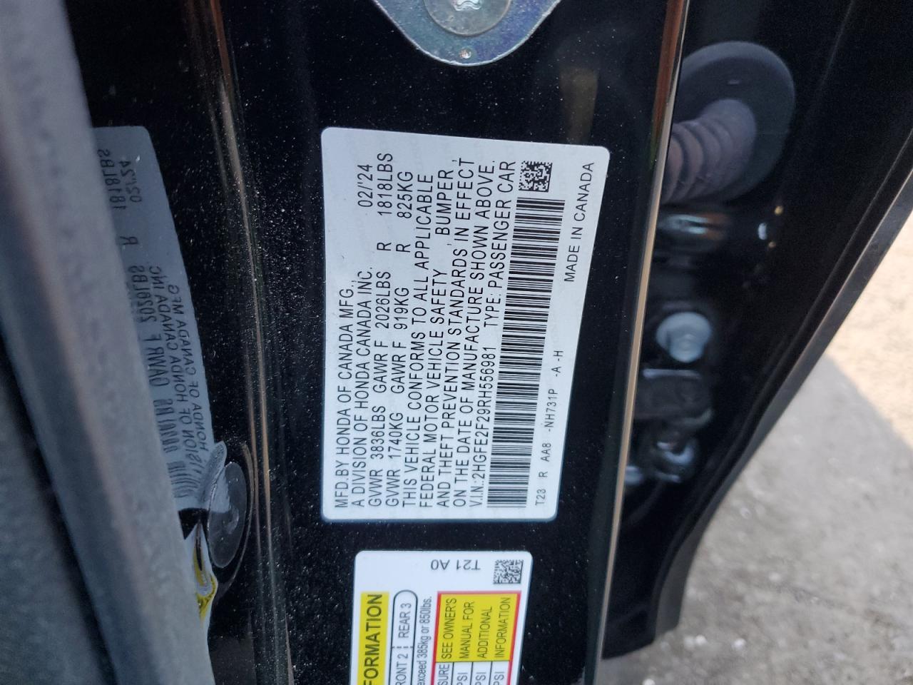 2024 HONDA CIVIC LX VIN:2HGFE2F29RH556981
