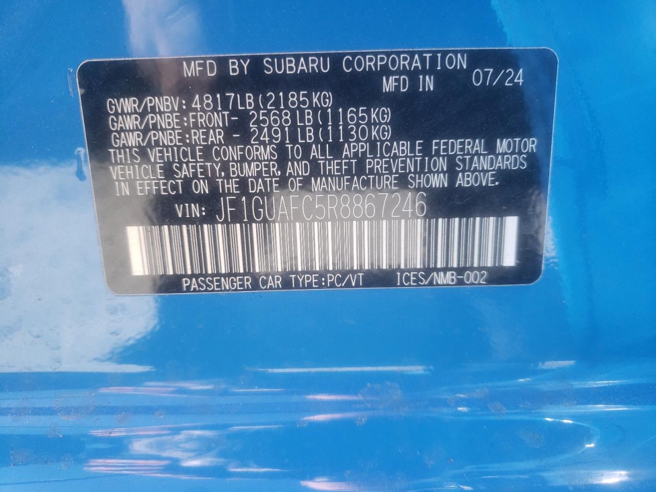 2024 SUBARU IMPREZA SPORT VIN:JF1GUAFC5R8867246