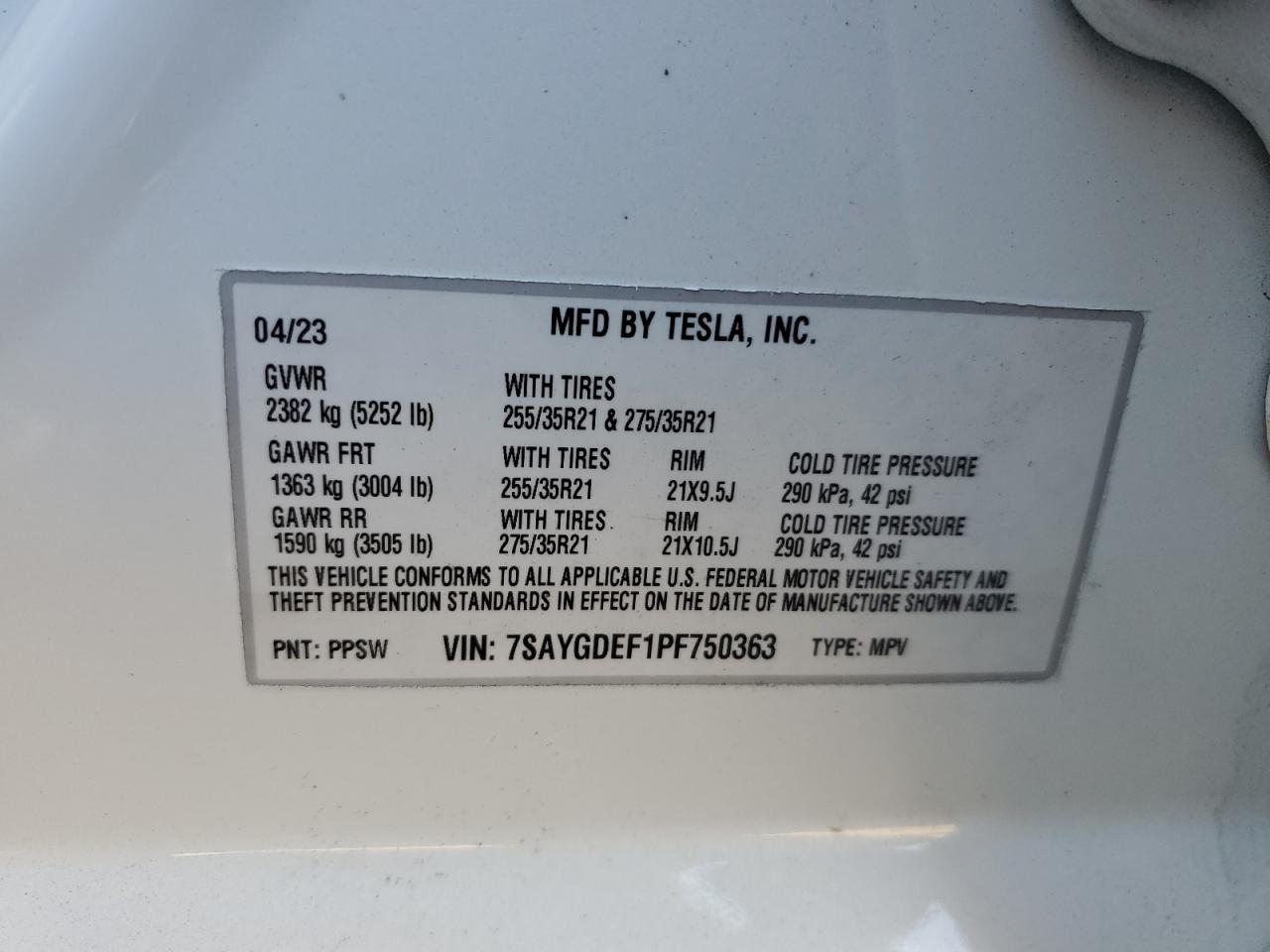 2023 TESLA MODEL Y  VIN:7SAYGDEF1PF750363