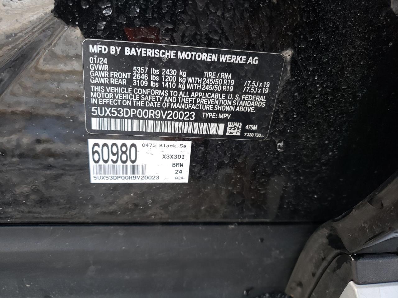 2024 BMW X3 XDRIVE30I VIN:5UX53DP00R9V20023