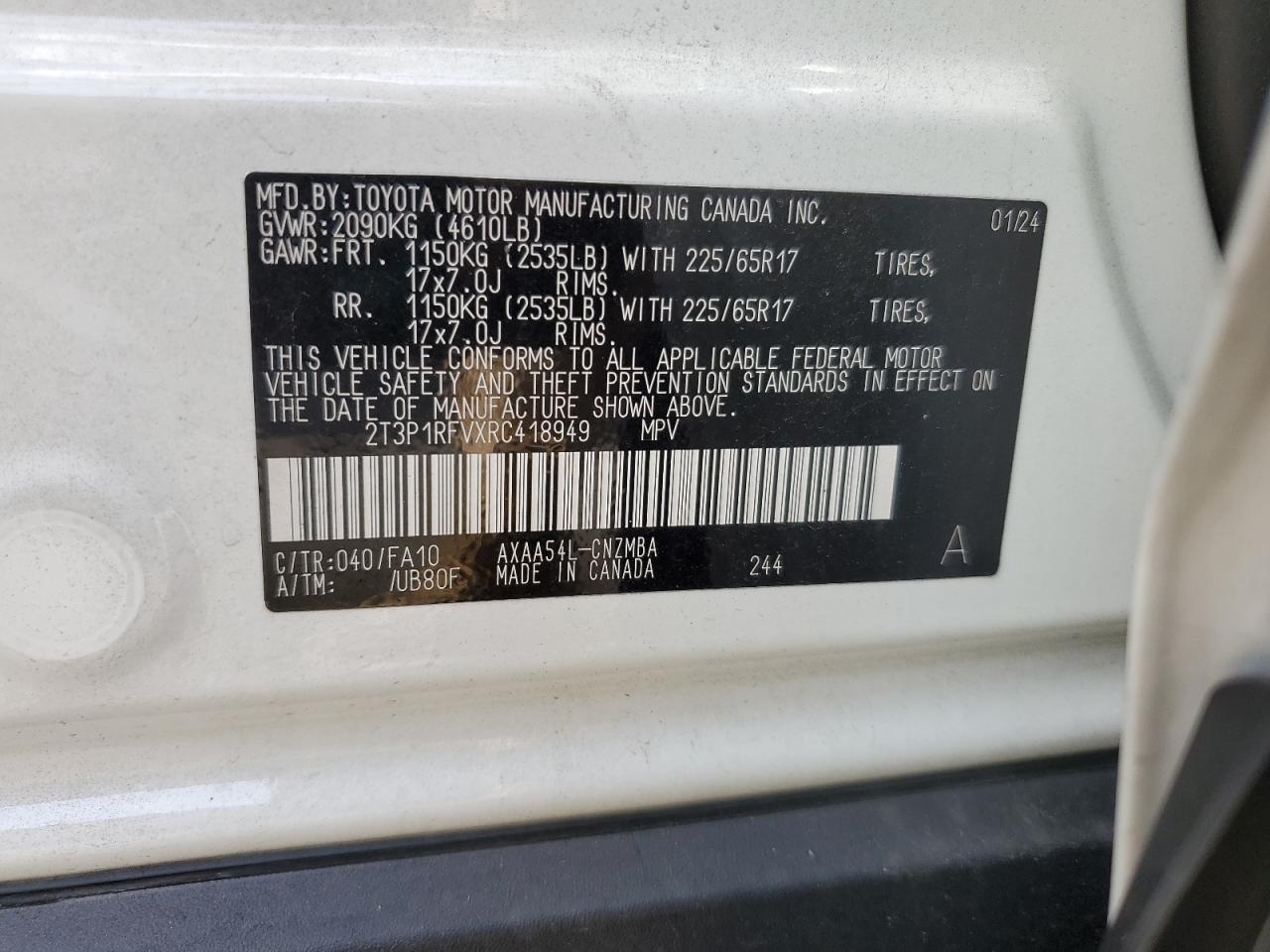 2024 TOYOTA RAV4 XLE VIN:2T3P1RFVXRC418949
