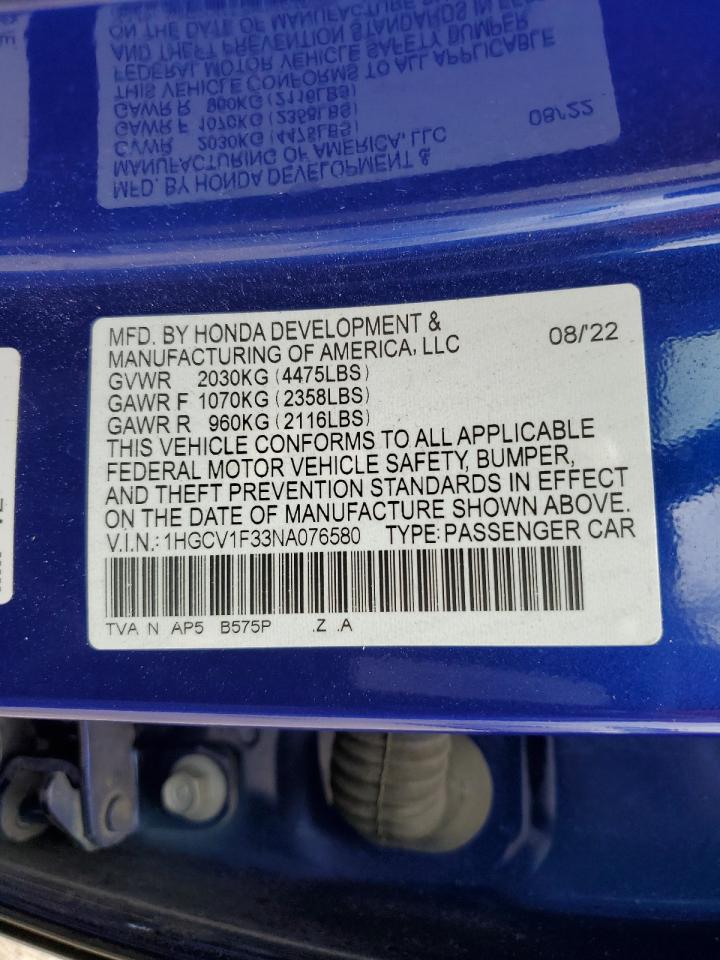 2022 HONDA ACCORD SPORT VIN:1HGCV1F33NA076580