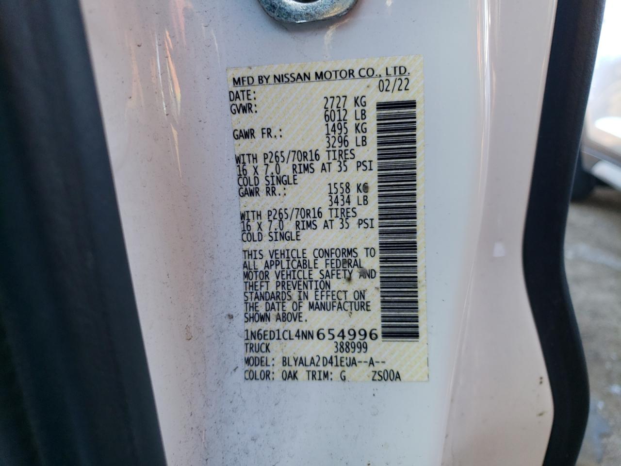 2022 NISSAN FRONTIER S VIN:1N6ED1CL4NN654996