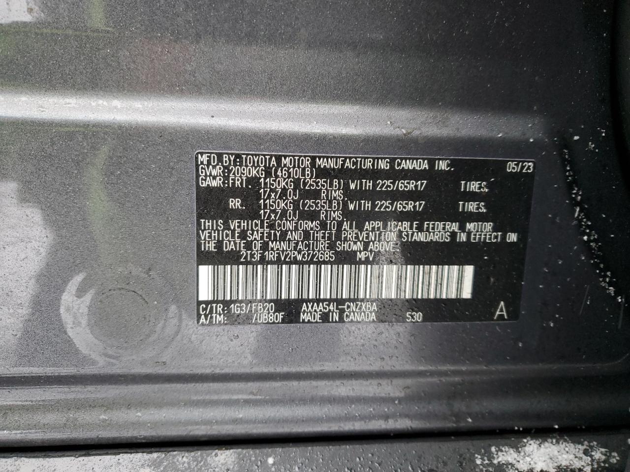 2023 TOYOTA RAV4 LE VIN:2T3F1RFV2PW372685