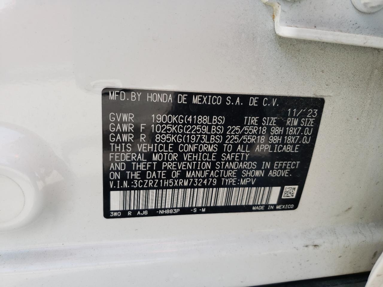 2024 HONDA HR-V SPORT VIN:3CZRZ1H5XRM732479