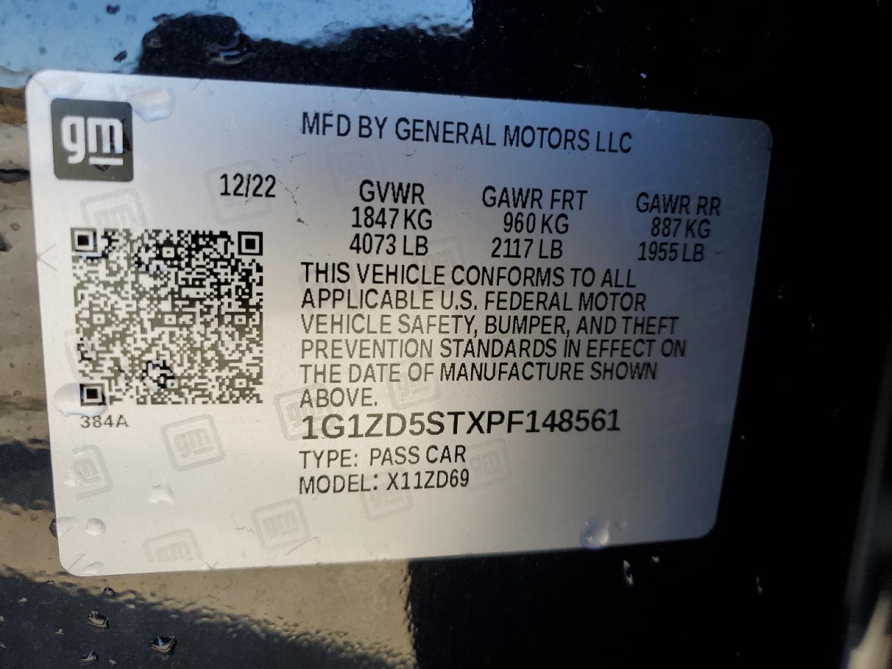 2023 CHEVROLET MALIBU LT VIN:1G1ZD5STXPF148561