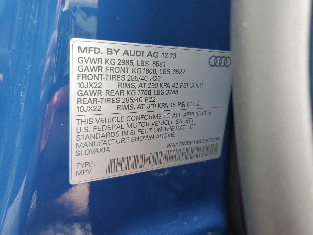 2024 AUDI SQ8 PRESTIGE VIN:WA1CWBF16RD007204