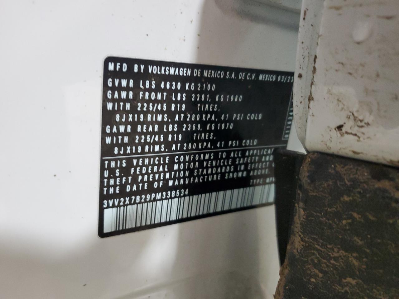 2023 VOLKSWAGEN TAOS SEL VIN:3VV2X7B29PM338534