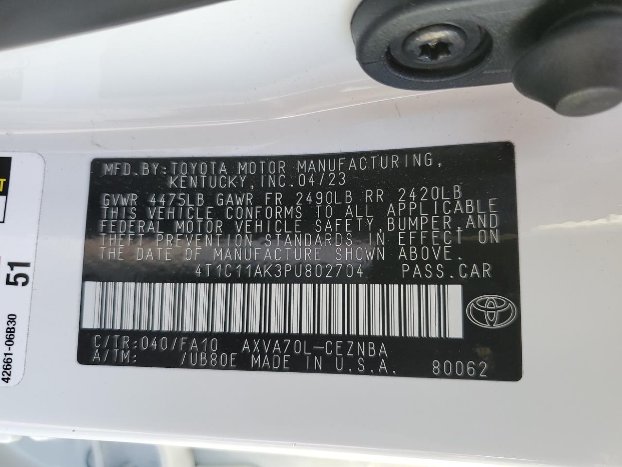 2023 TOYOTA CAMRY LE VIN:4T1C11AK3PU802704