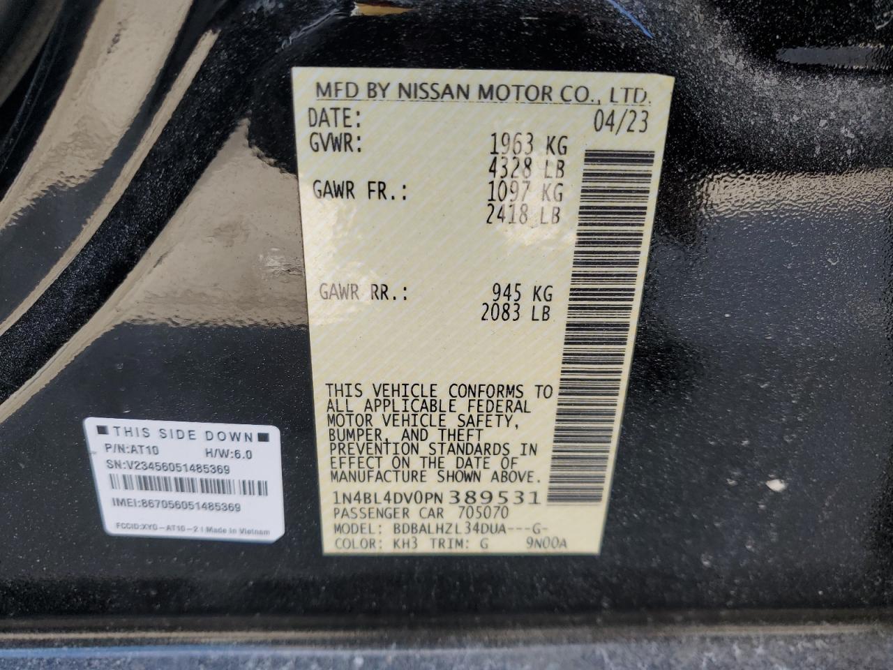 2023 NISSAN ALTIMA SV VIN:1N4BL4DV0PN389531