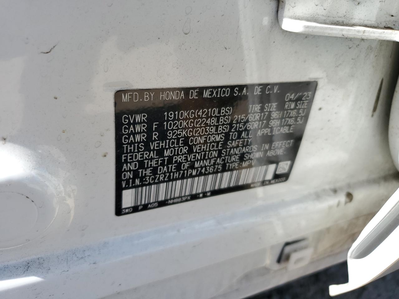 2023 HONDA HR-V EXL VIN:3CZRZ1H71PM743675