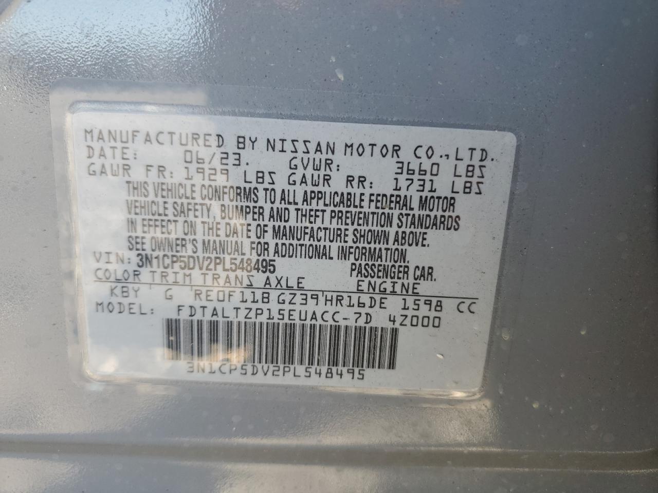 2023 NISSAN KICKS SR VIN:3N1CP5DV2PL548495