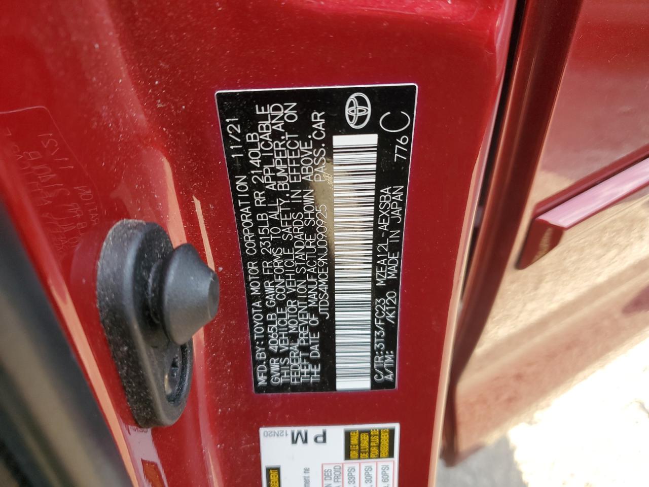 2022 TOYOTA COROLLA SE VIN:JTDS4MCE9NJ090925