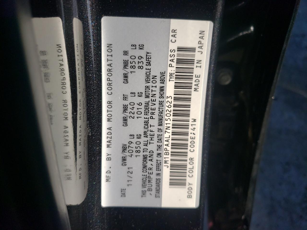 2022 MAZDA 3  VIN:JM1BPAAL7N1502623