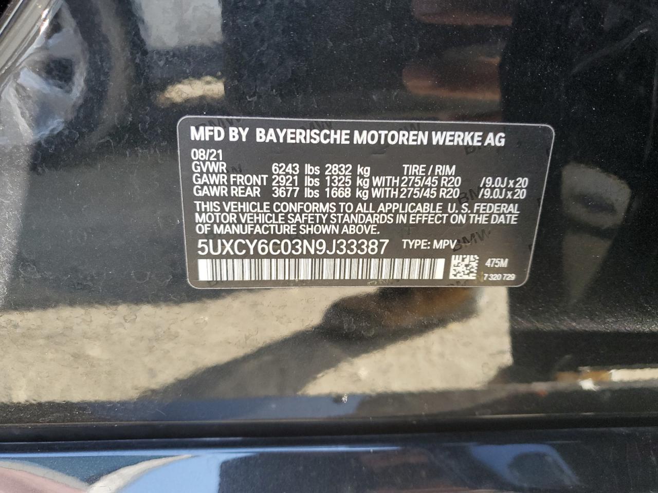 2022 BMW X6 XDRIVE40I VIN:5UXCY6C03N9J33387