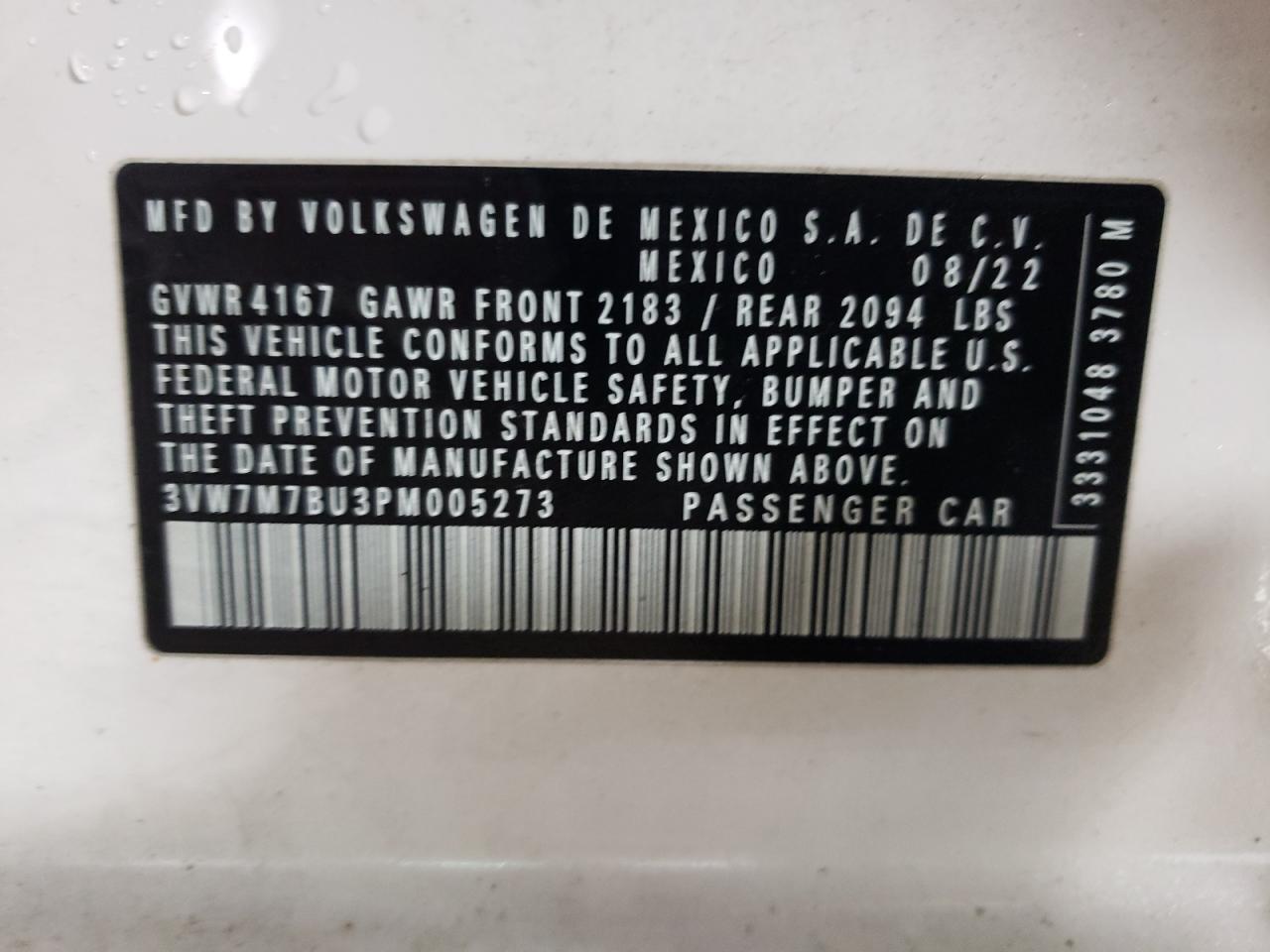 2023 VOLKSWAGEN JETTA SE VIN:3VW7M7BU3PM005273