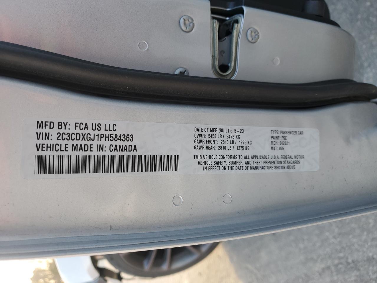 2023 DODGE CHARGER SCAT PACK VIN:2C3CDXGJ1PH584363