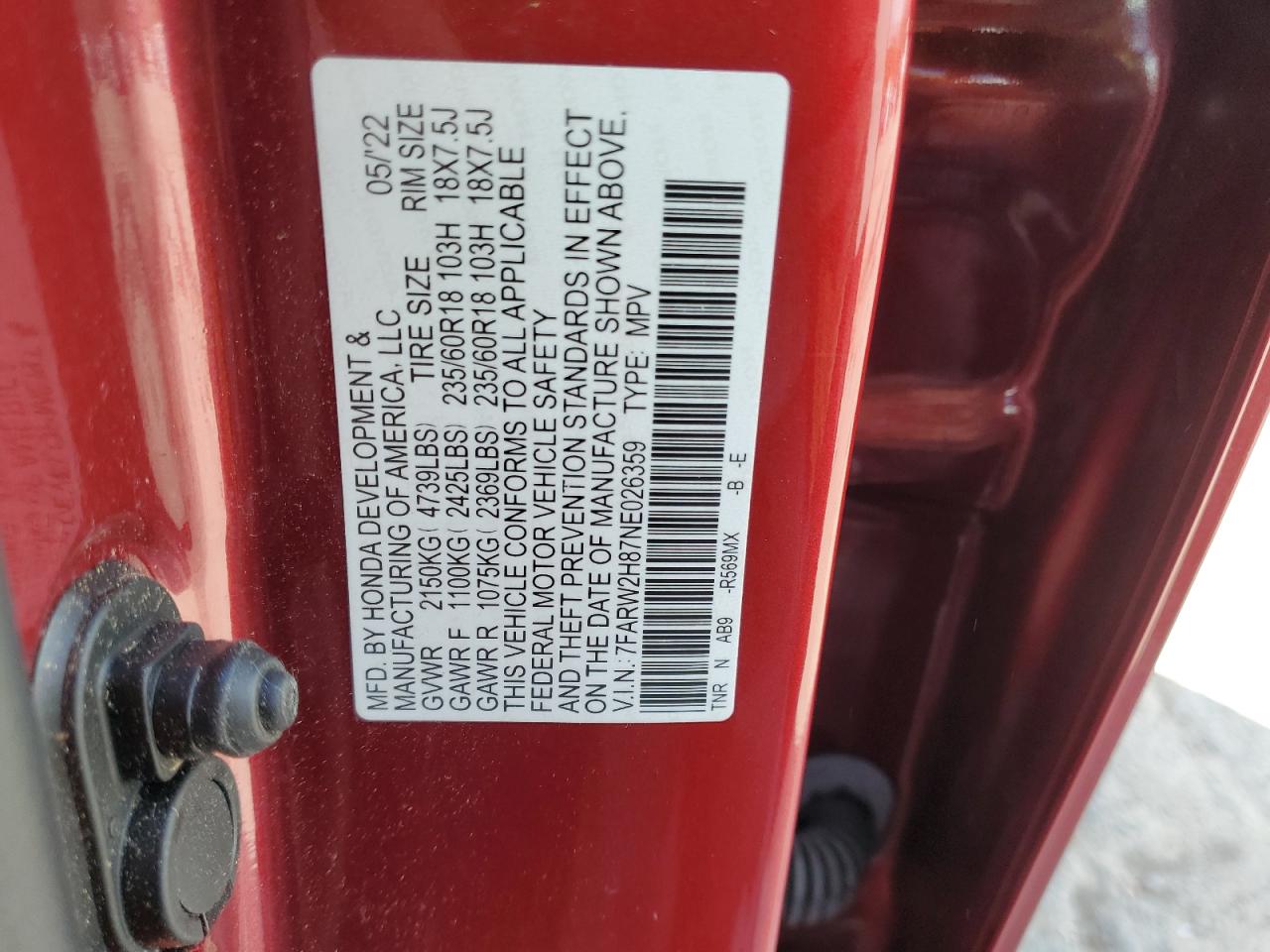 2022 HONDA CR-V EXL VIN:7FARW2H87NE026359
