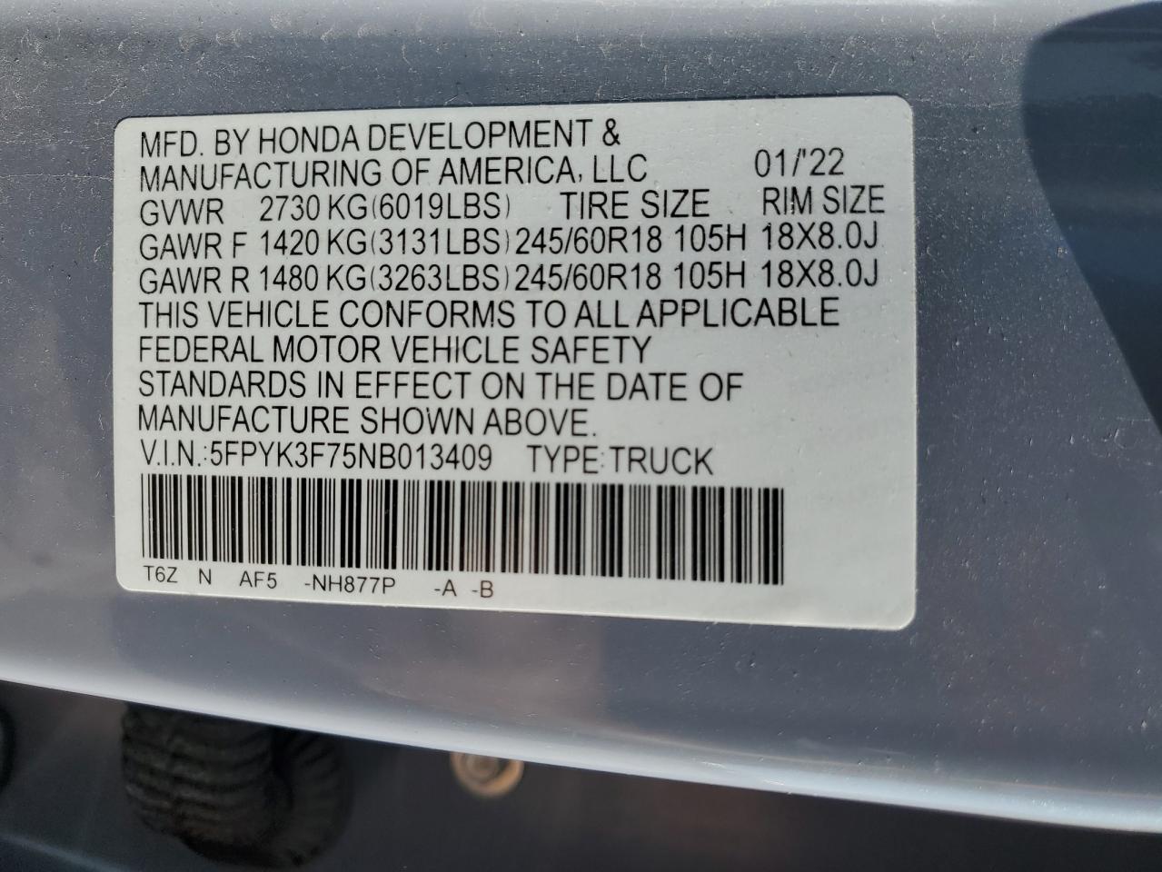 2022 HONDA RIDGELINE RTL VIN:5FPYK3F75NB013409