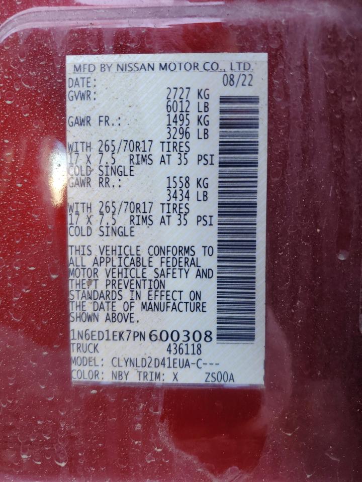 2023 NISSAN FRONTIER S VIN:1N6ED1EK7PN600308