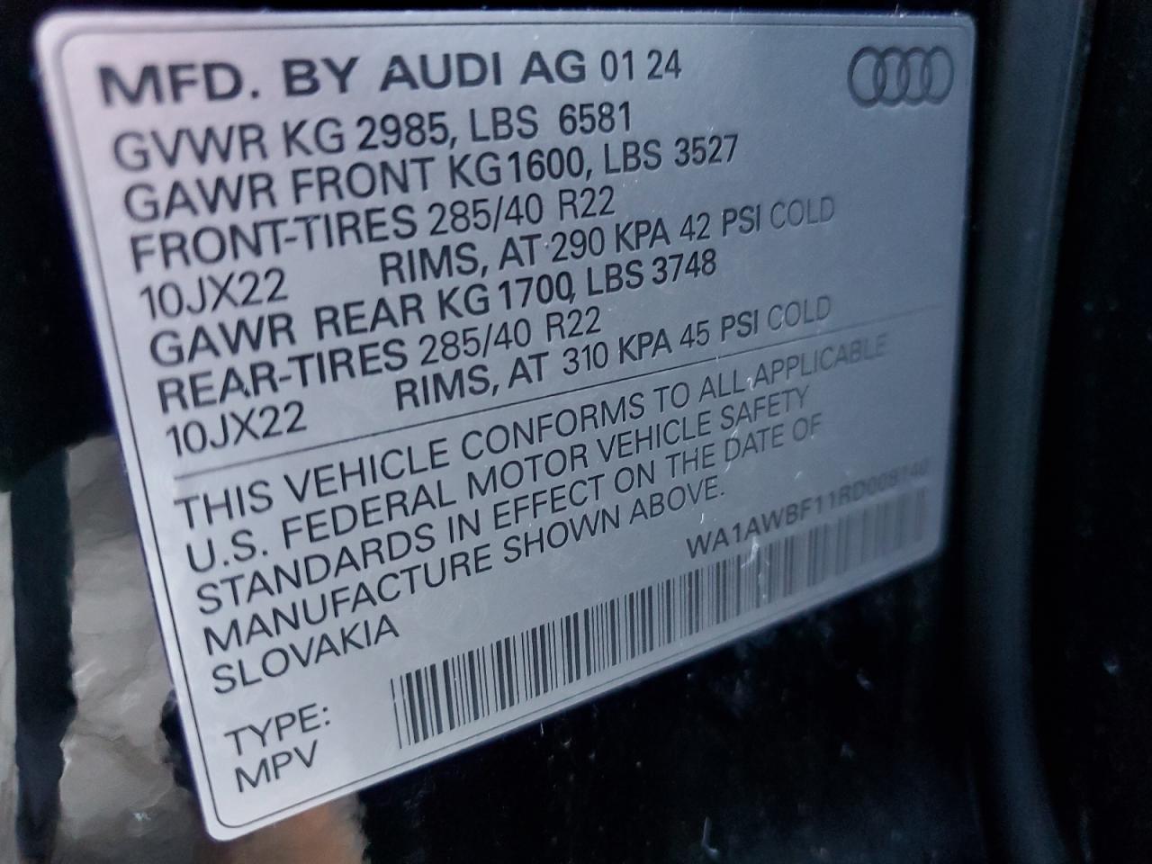 2024 AUDI SQ8 PREMIUM PLUS VIN:WA1AWBF11RD008140