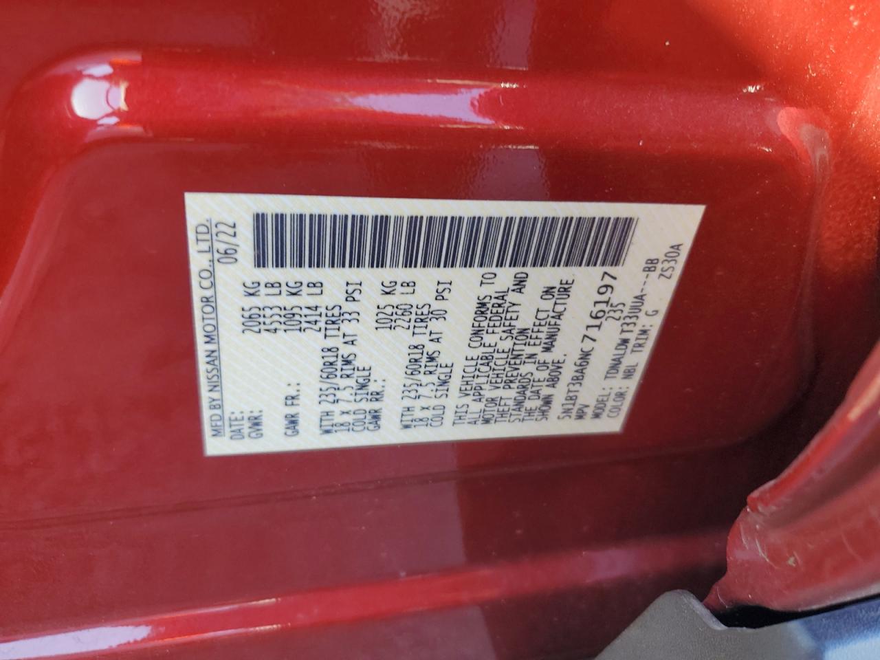 2022 NISSAN ROGUE SV VIN:5N1BT3BA6NC716197