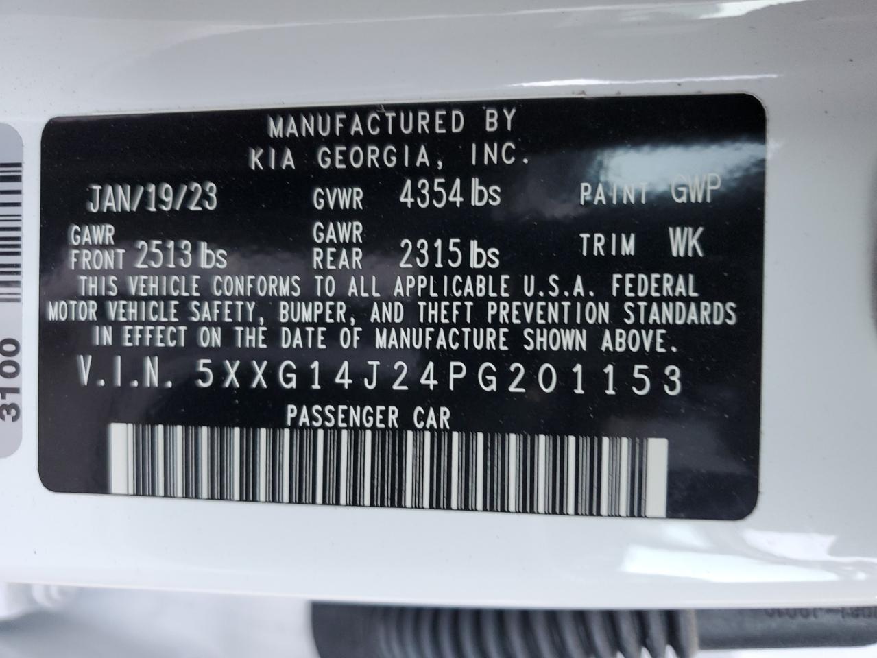 2023 KIA K5 LXS VIN:5XXG14J24PG201153