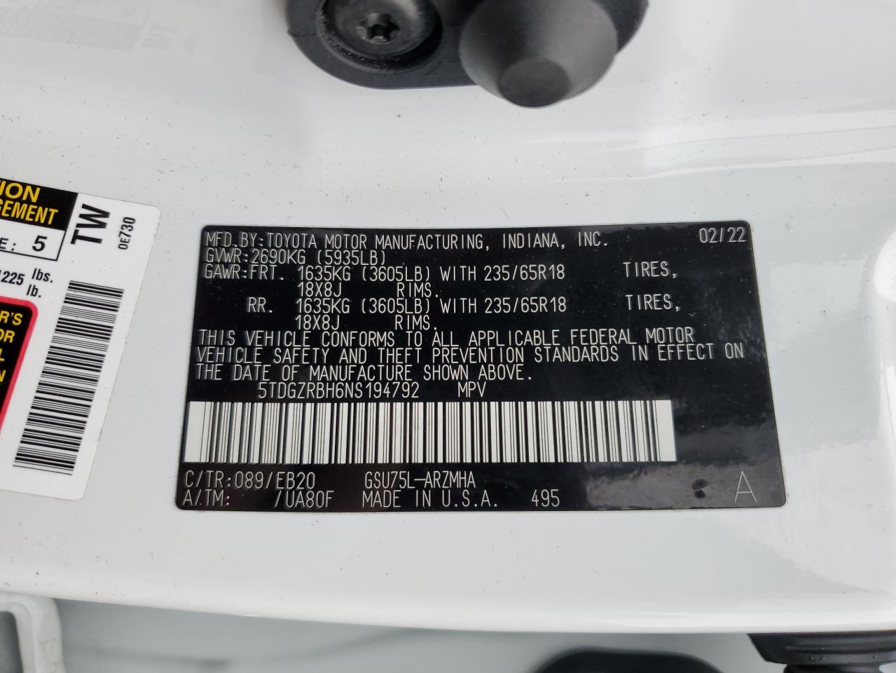 2022 TOYOTA HIGHLANDER XLE VIN:5TDGZRBH6NS194792