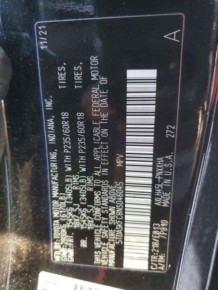 2022 TOYOTA SIENNA XLE VIN:5TDASKFC8NS046045