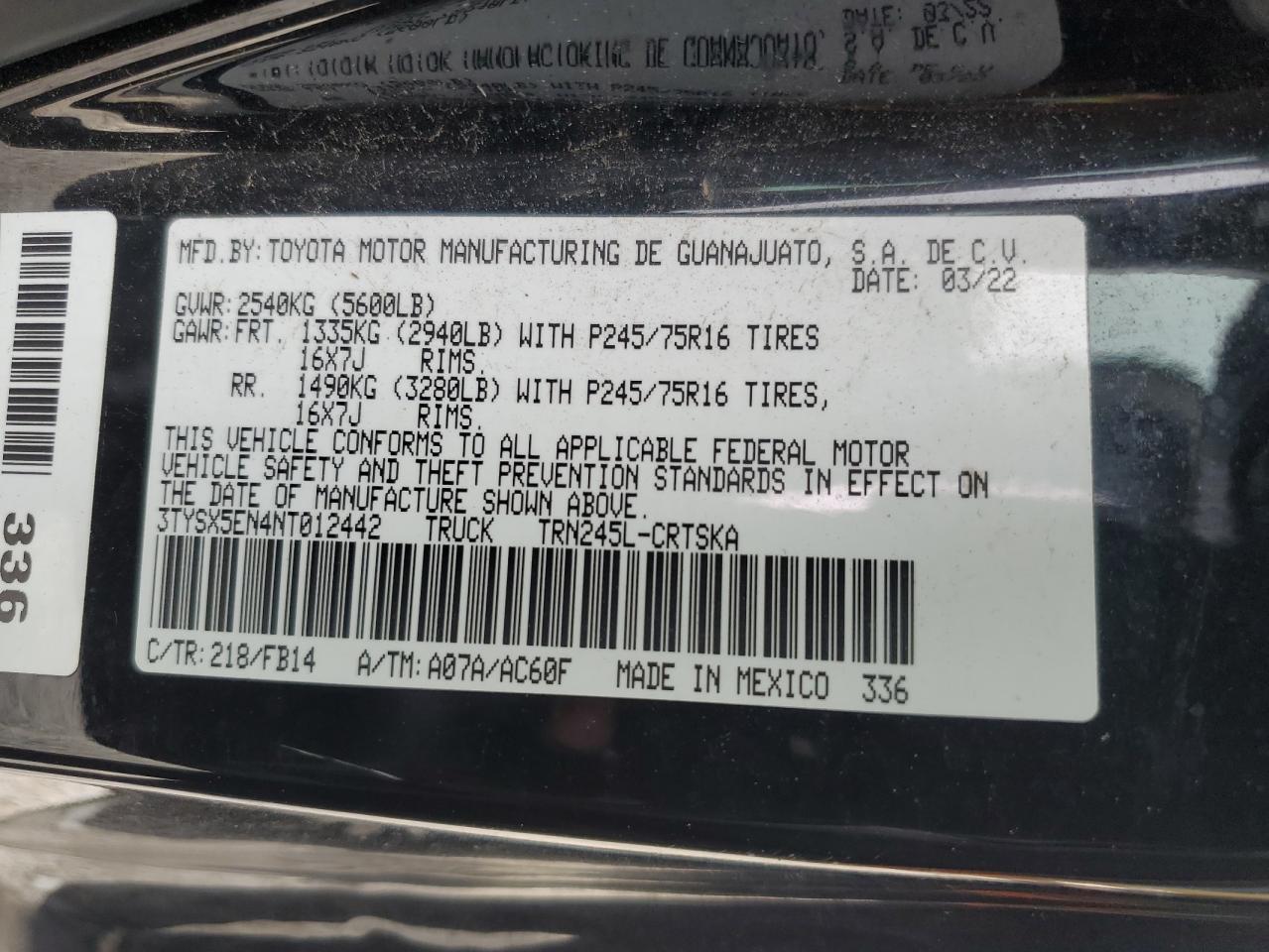 2022 TOYOTA TACOMA ACCESS CAB VIN:3TYSX5EN4NT012442