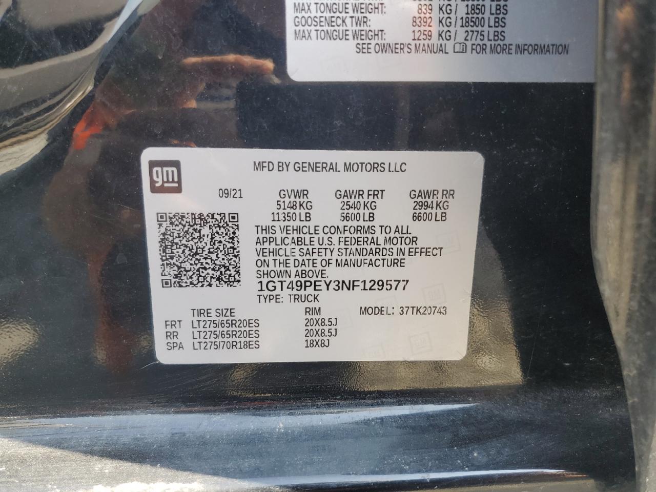 2022 GMC SIERRA K2500 AT4 VIN:1GT49PEY3NF129577