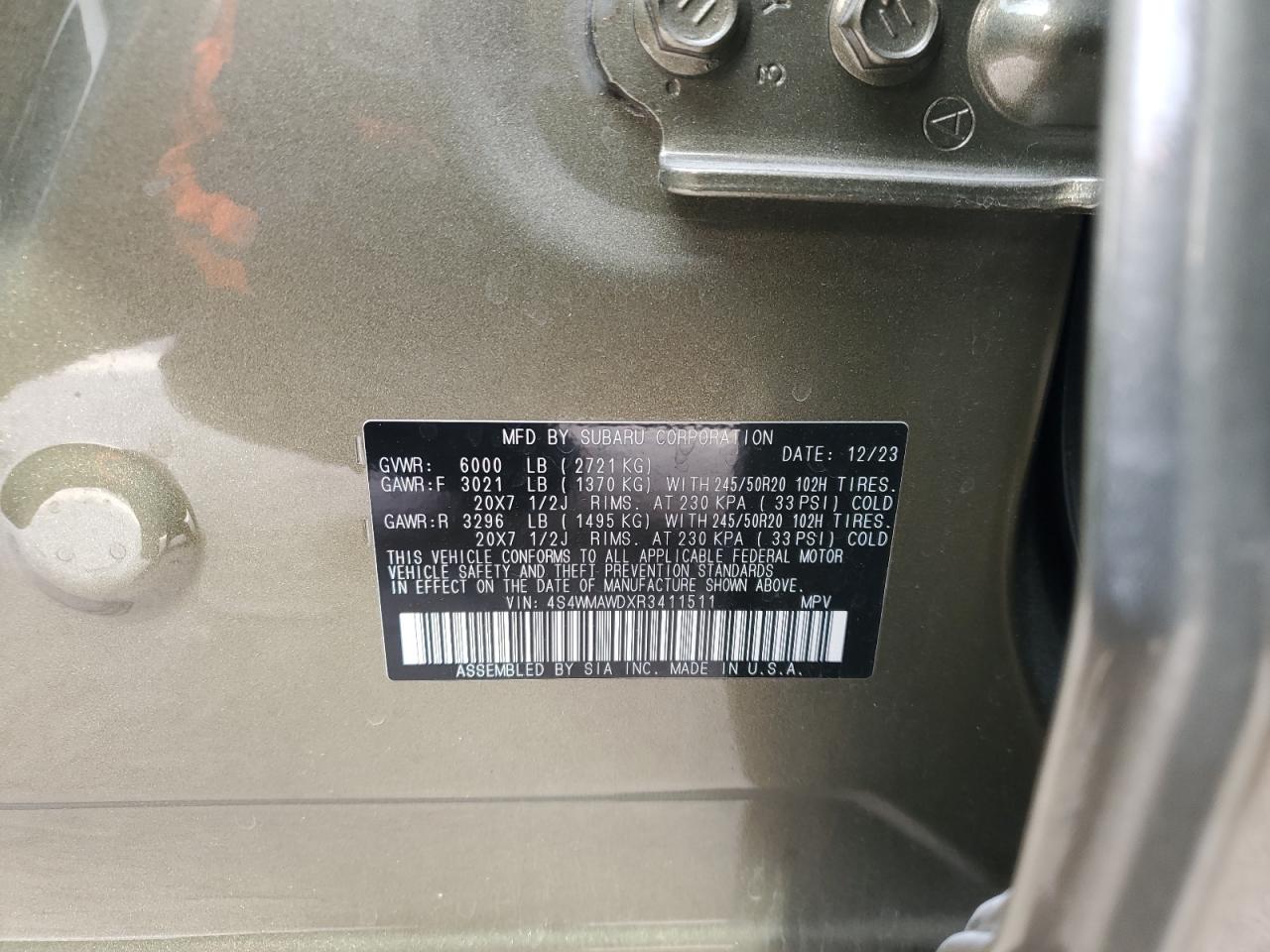 2024 SUBARU ASCENT TOURING VIN:4S4WMAWDXR3411511