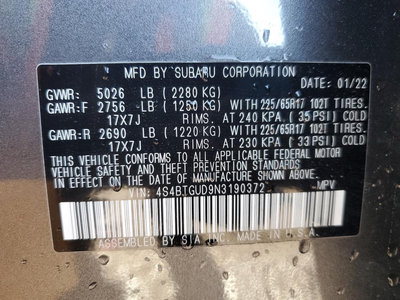 2022 SUBARU OUTBACK WILDERNESS VIN:4S4BTGUD9N3190372