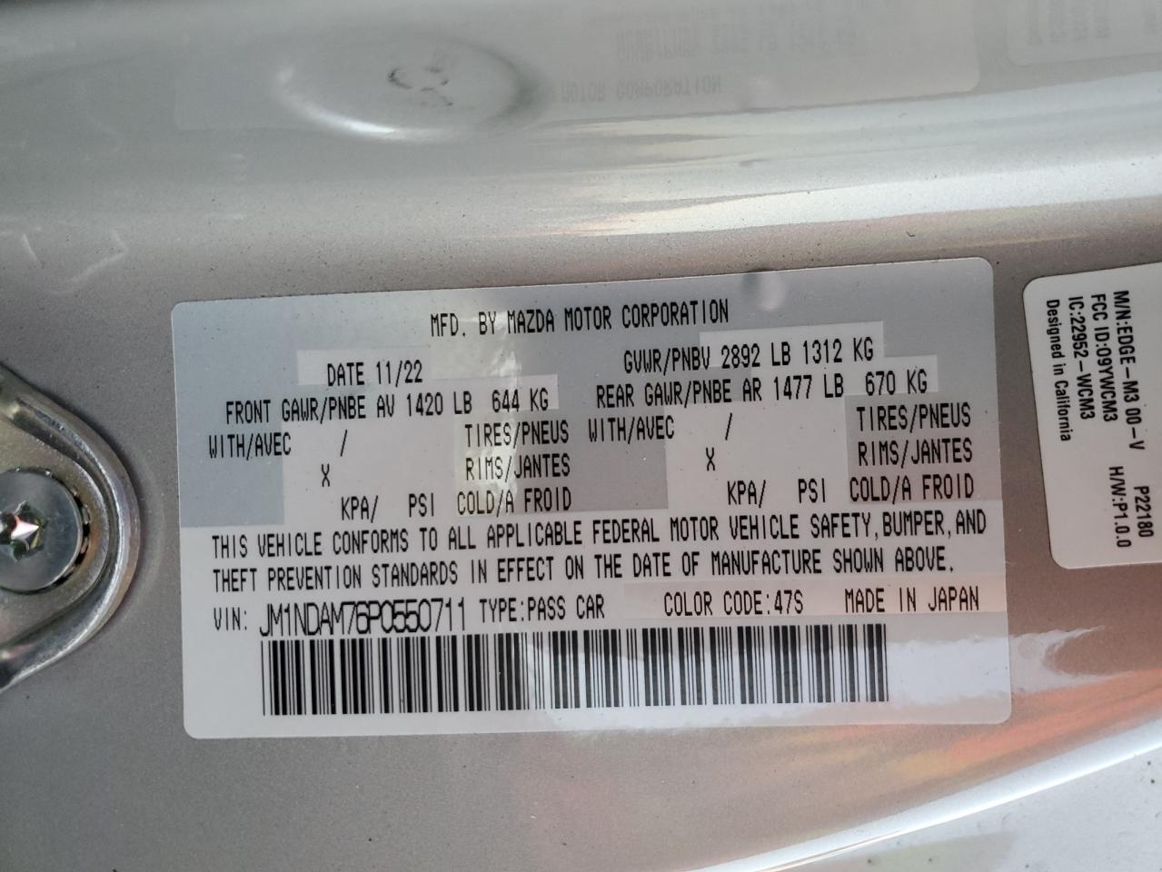 2023 MAZDA MX-5 MIATA GRAND TOURING VIN:JM1NDAM76P0550711