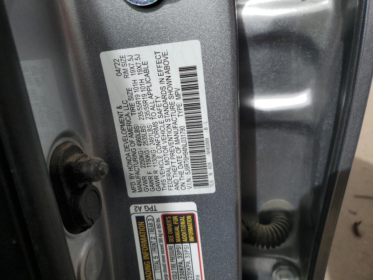 2022 HONDA CR-V TOURING VIN:5J6RT6H94NL031790
