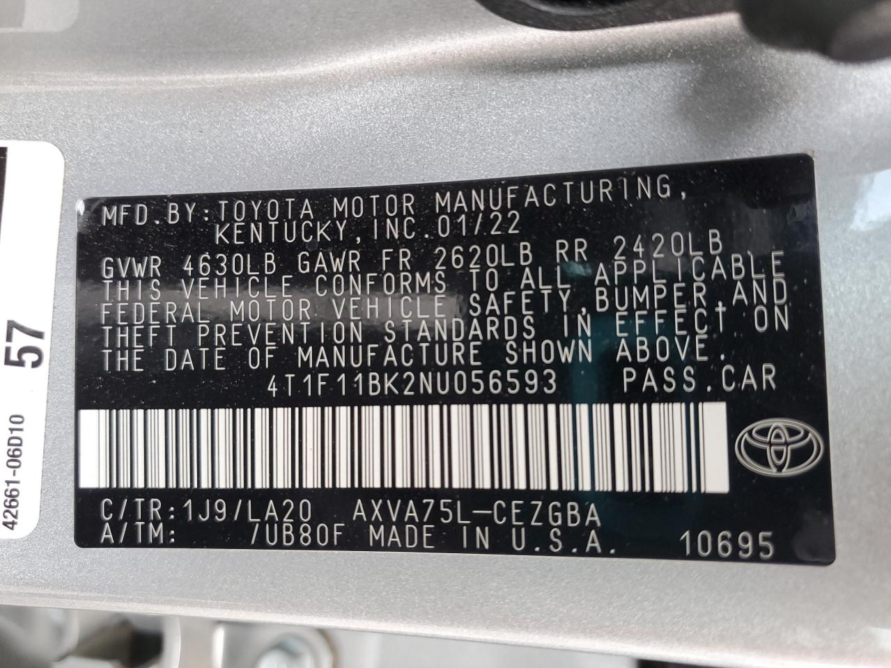 2022 TOYOTA CAMRY XLE VIN:4T1F11BK2NU056593