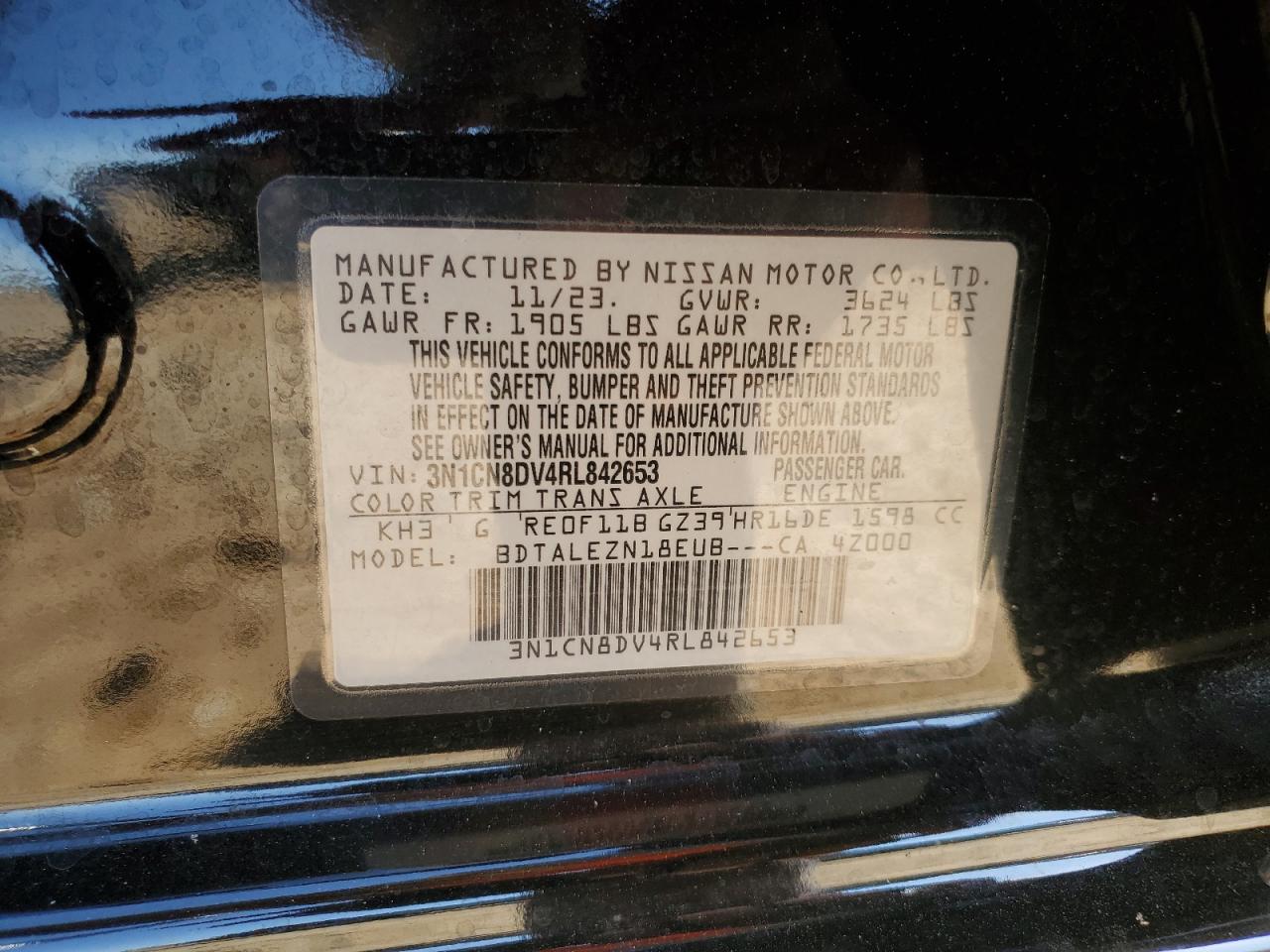 2024 NISSAN VERSA S VIN:3N1CN8DV4RL842653