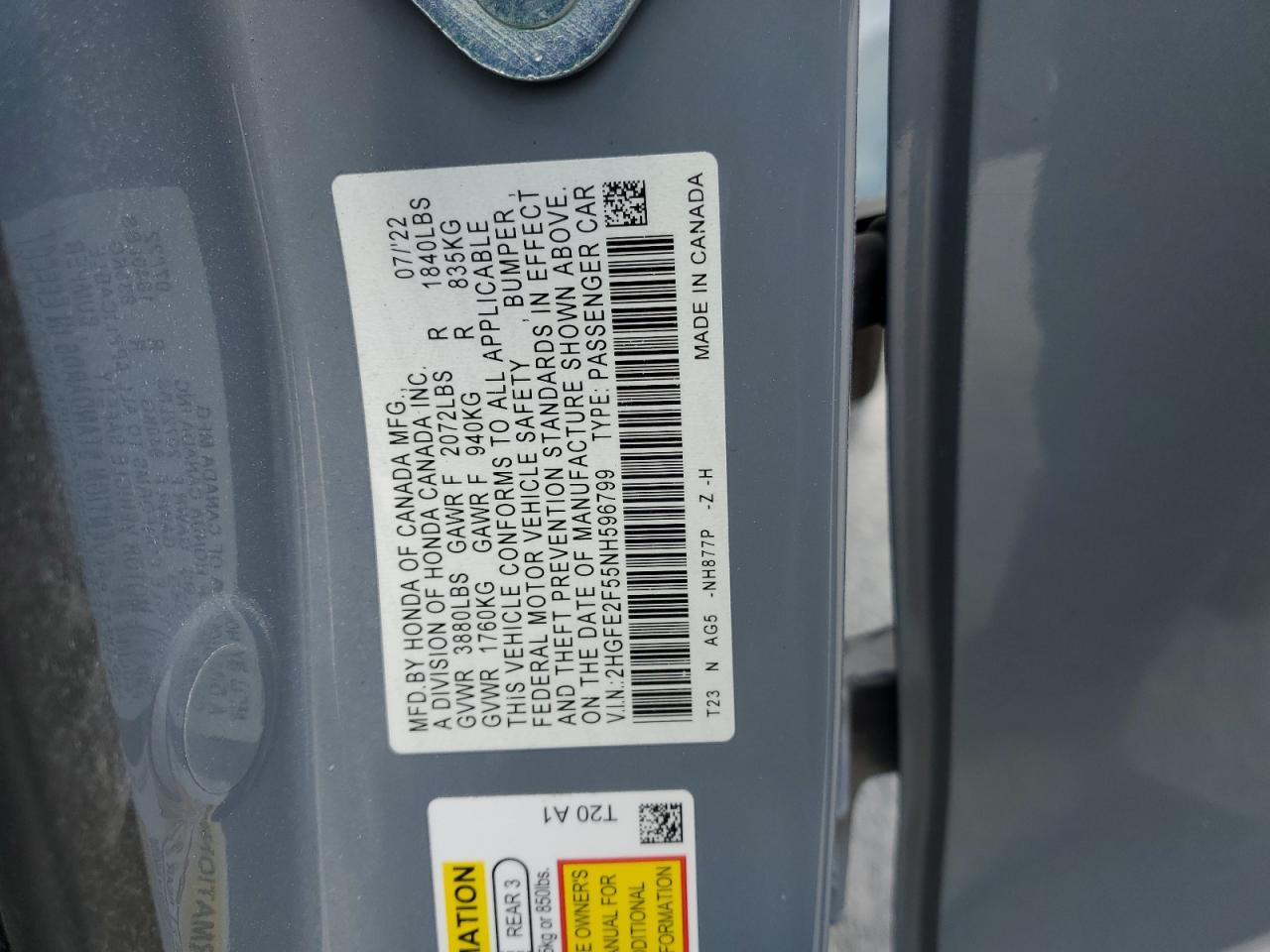 2022 HONDA CIVIC SPORT VIN:2HGFE2F55NH596799