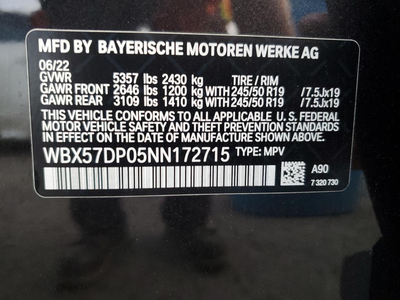 2022 BMW X3 XDRIVE30I VIN:WBX57DP05NN172715