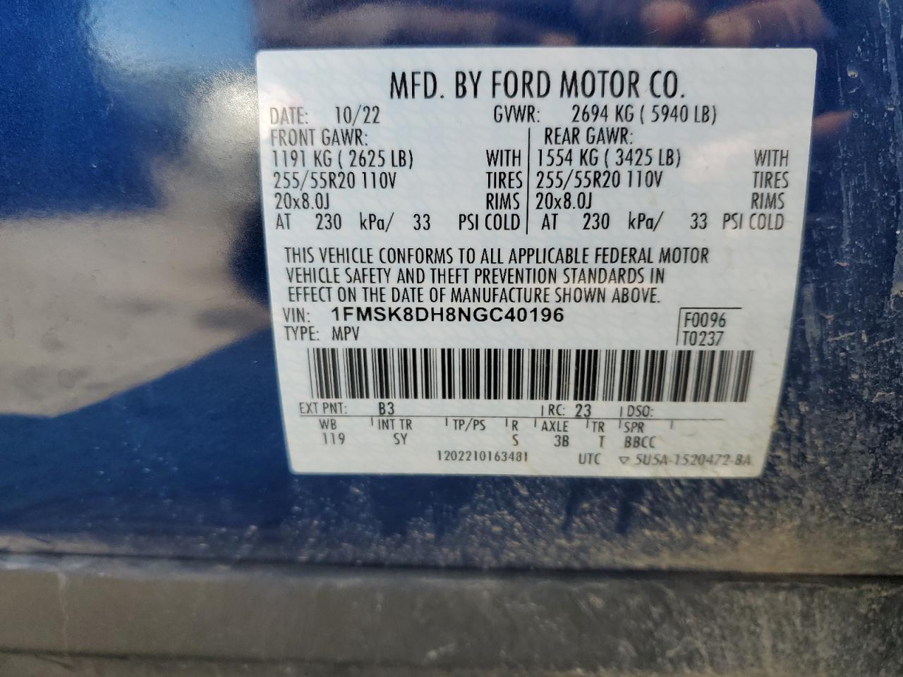 2022 FORD EXPLORER XLT VIN:1FMSK8DH8NGC40196