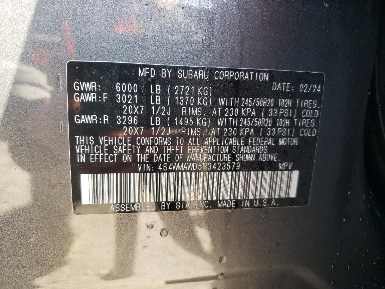 2024 SUBARU ASCENT TOURING VIN:4S4WMAWD5R3423579