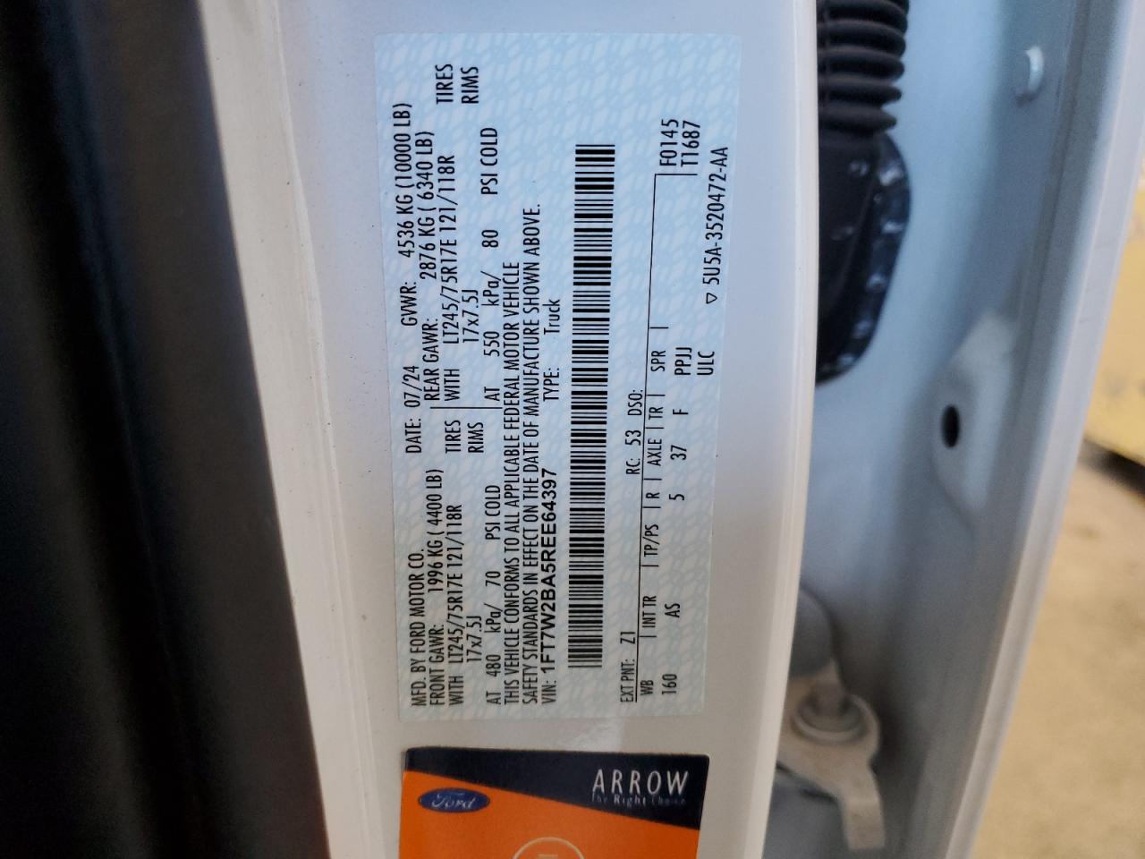 2024 FORD F250 SUPER DUTY VIN:1FT7W2BA5REE64397