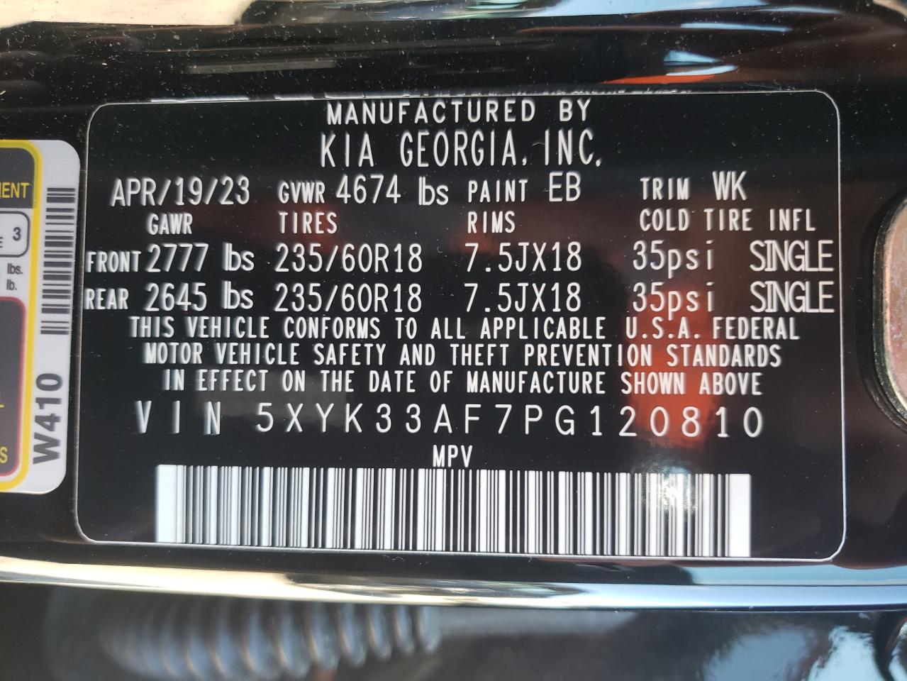 2023 KIA SPORTAGE EX VIN:5XYK33AF7PG120810