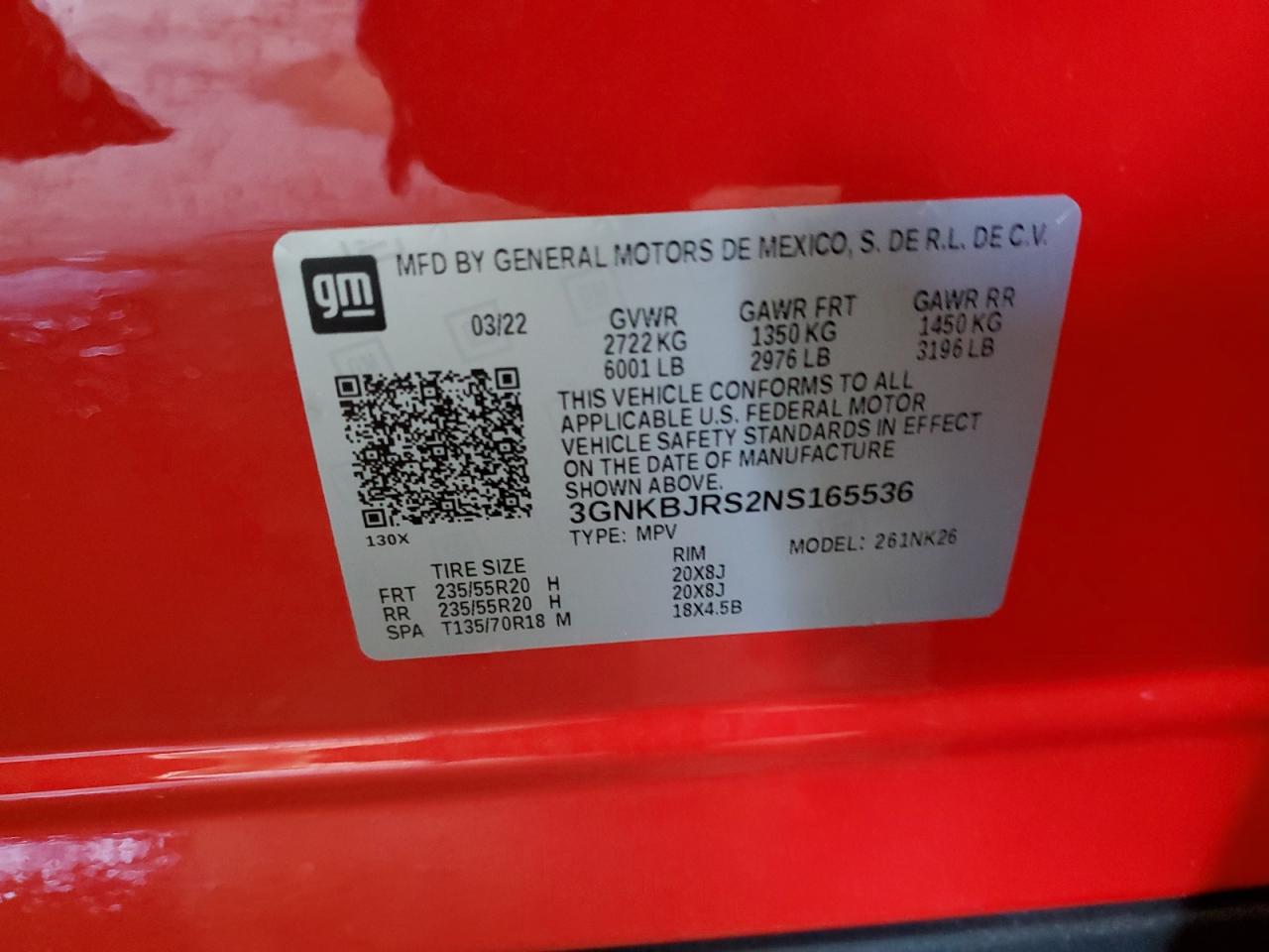 2022 CHEVROLET BLAZER 3LT VIN:3GNKBJRS2NS165536