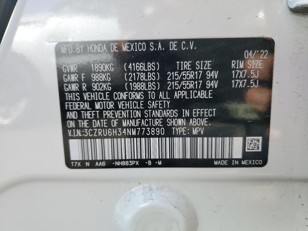 2022 HONDA HR-V LX VIN:3CZRU6H34NM773890
