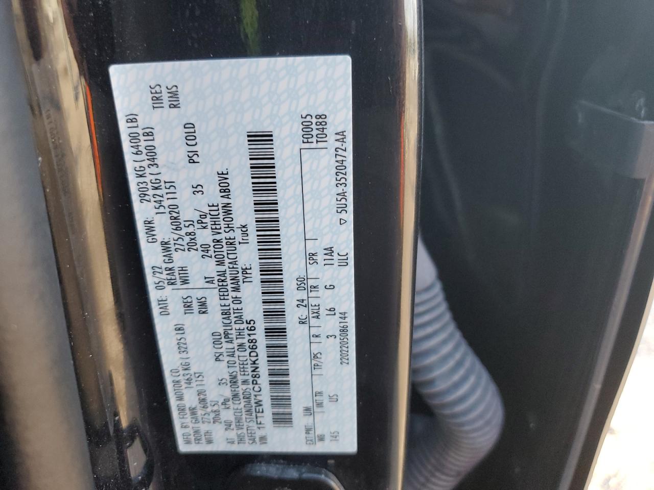 2022 FORD F150 SUPERCREW VIN:1FTEW1CP8NKD68165