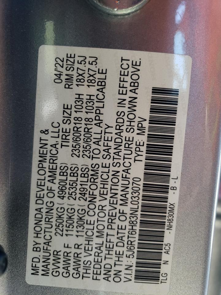 2022 HONDA CR-V EXL VIN:5J6RT6H83NL033070