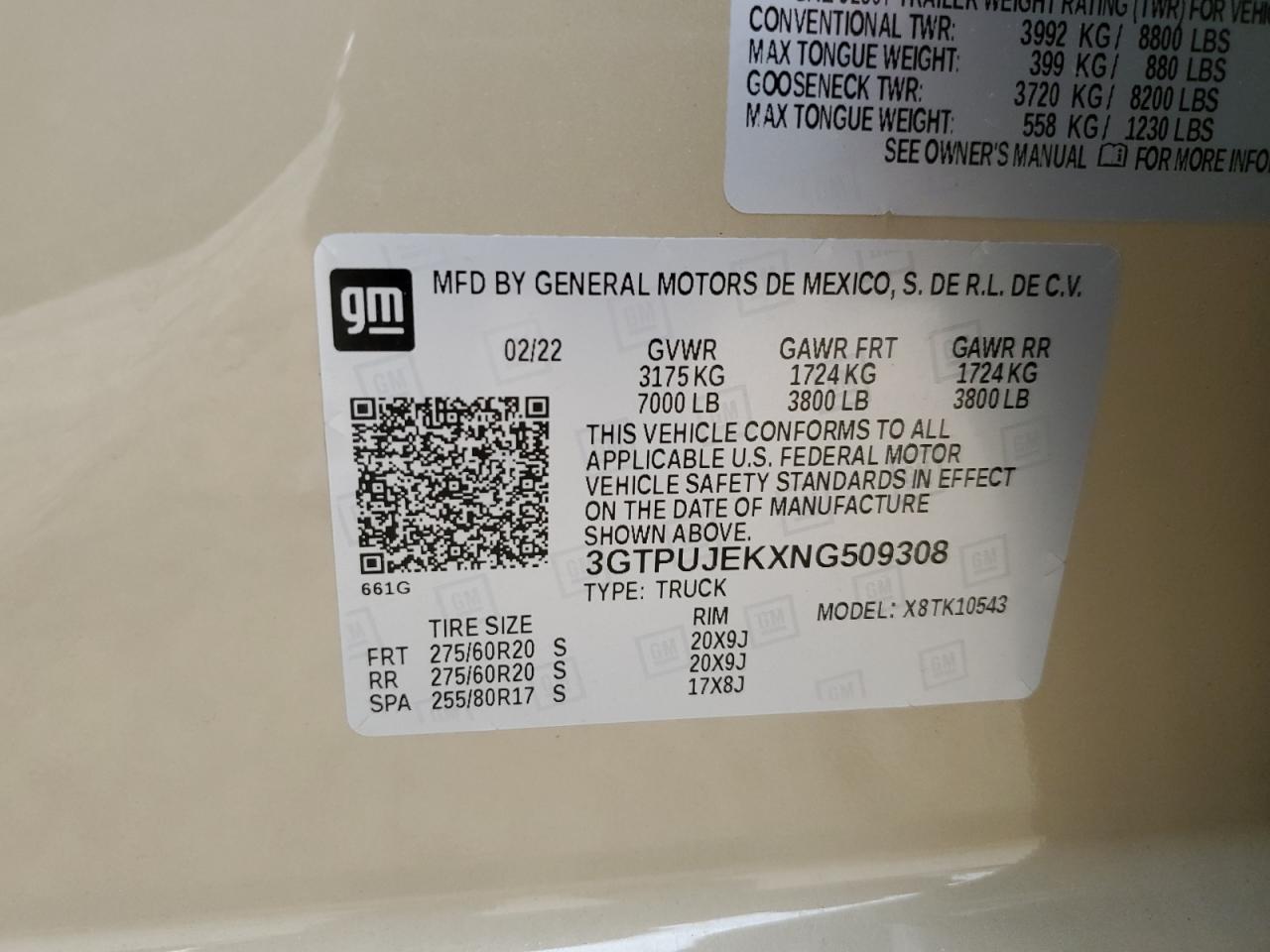 2022 GMC SIERRA K1500 ELEVATION-L VIN:3GTPUJEKXNG509308